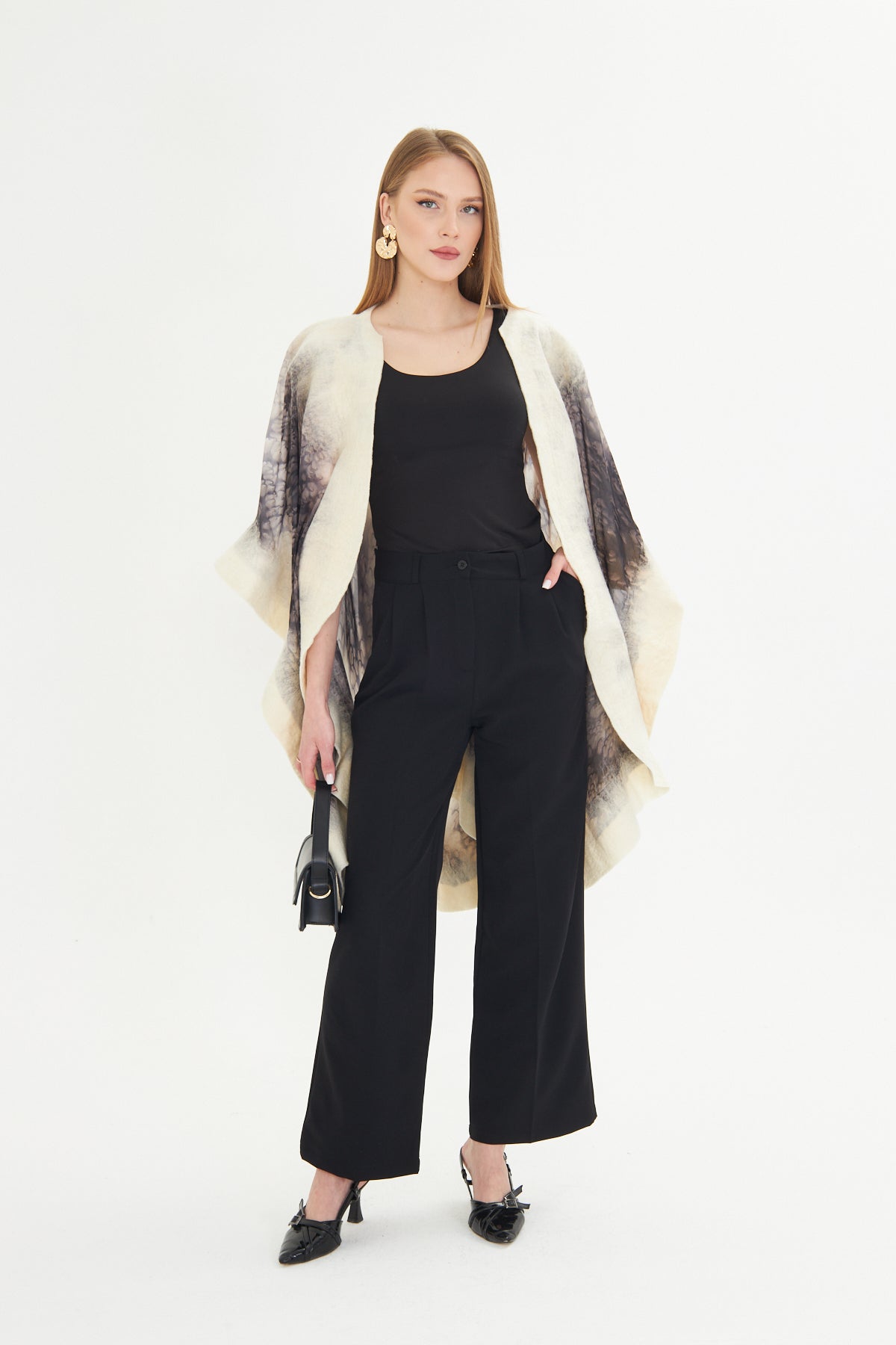 Oslo Ivory & Charcoal Silk Fusion Poncho
