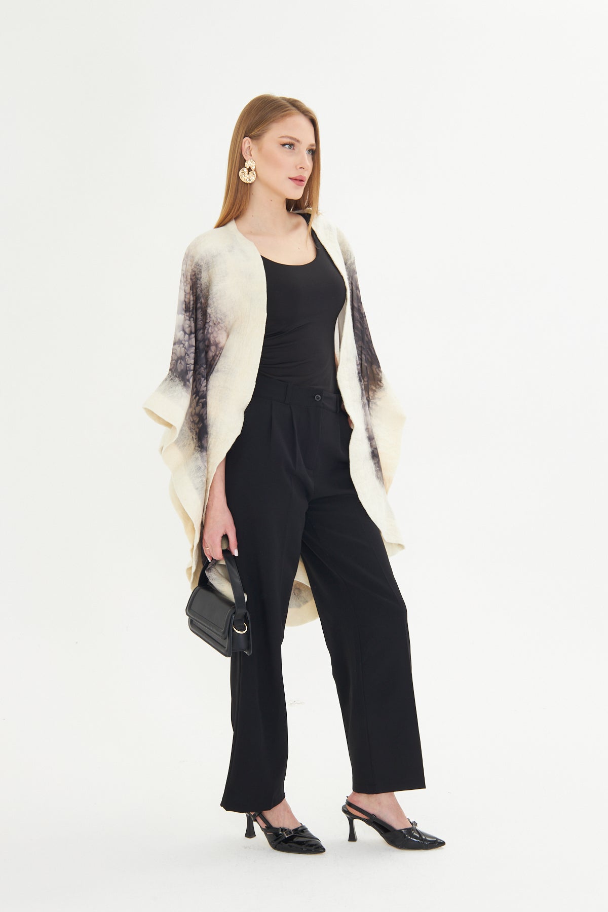 Oslo Ivory & Charcoal Silk Fusion Poncho