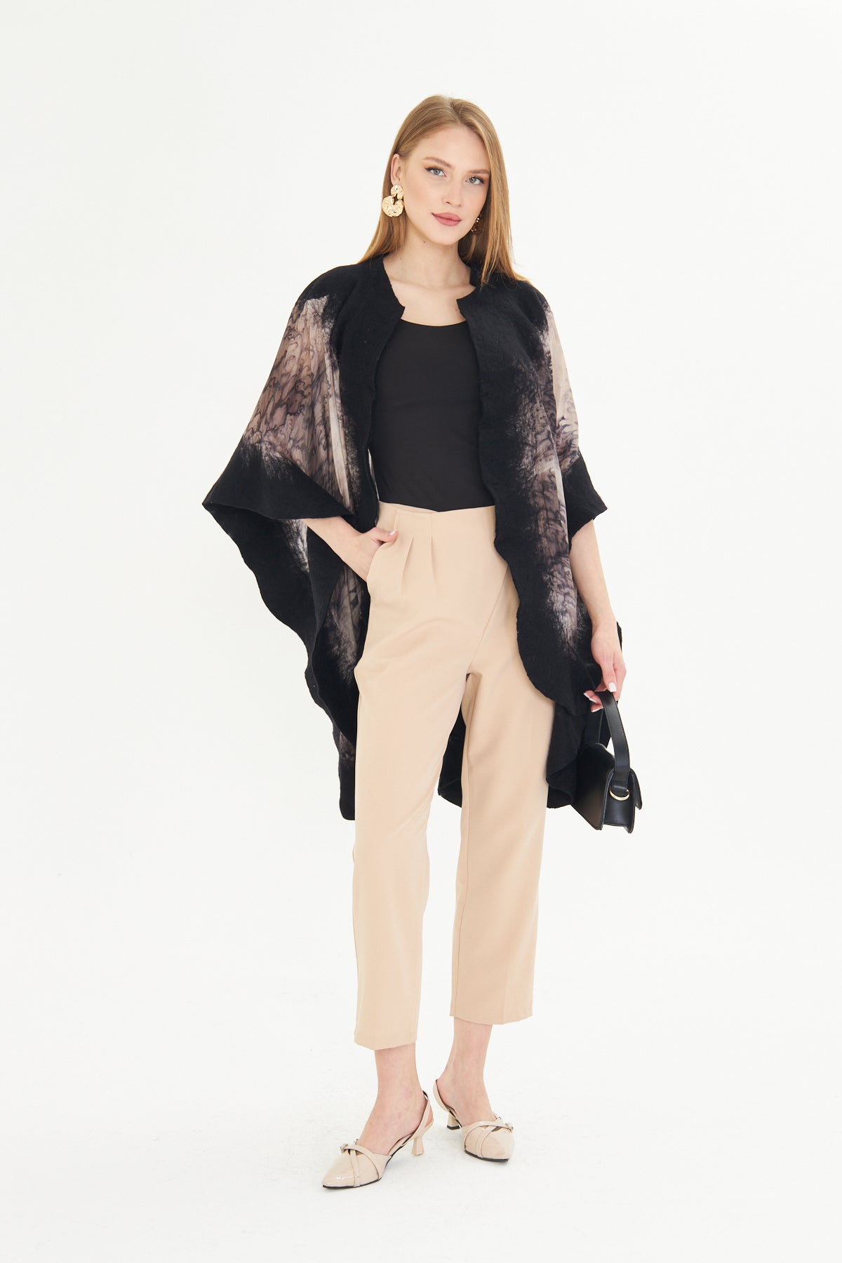 Oslo Black & Taupe Silk Fusion Poncho