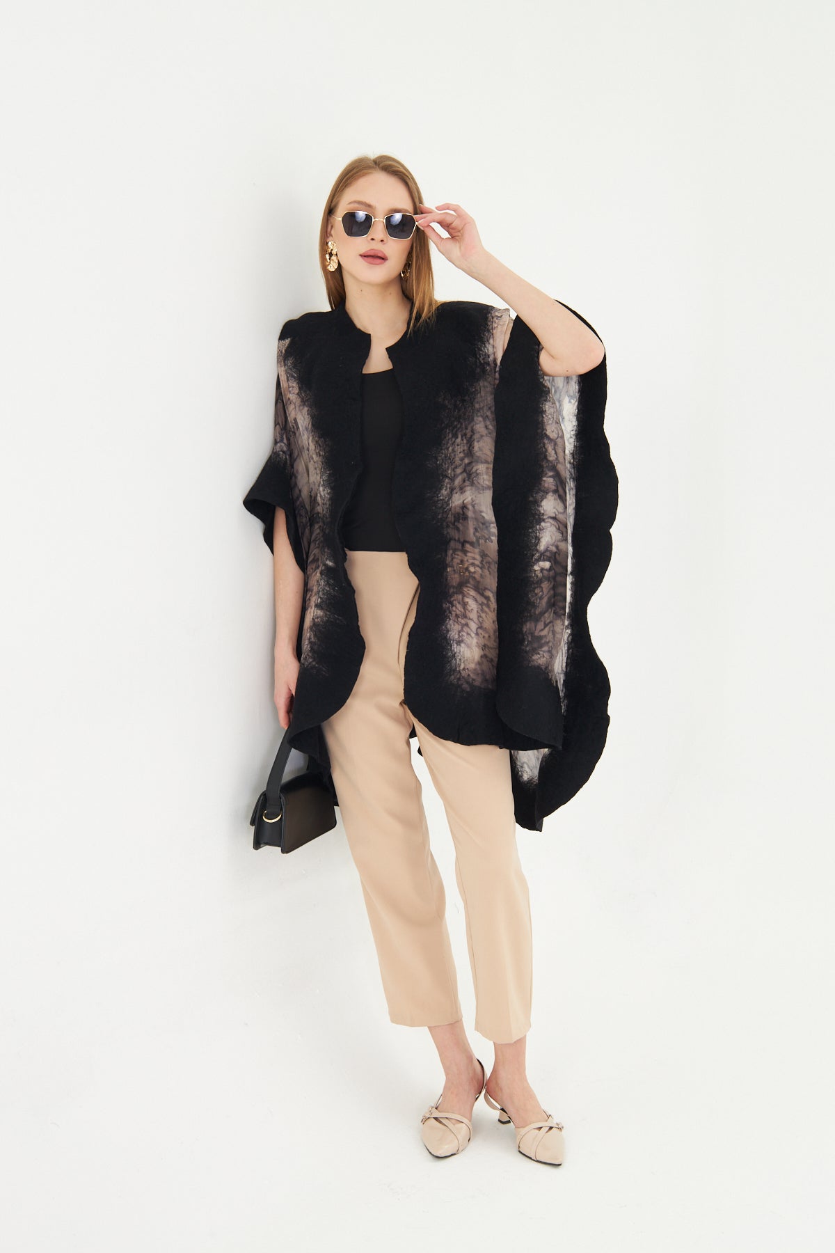 Oslo Black & Taupe Silk Fusion Poncho