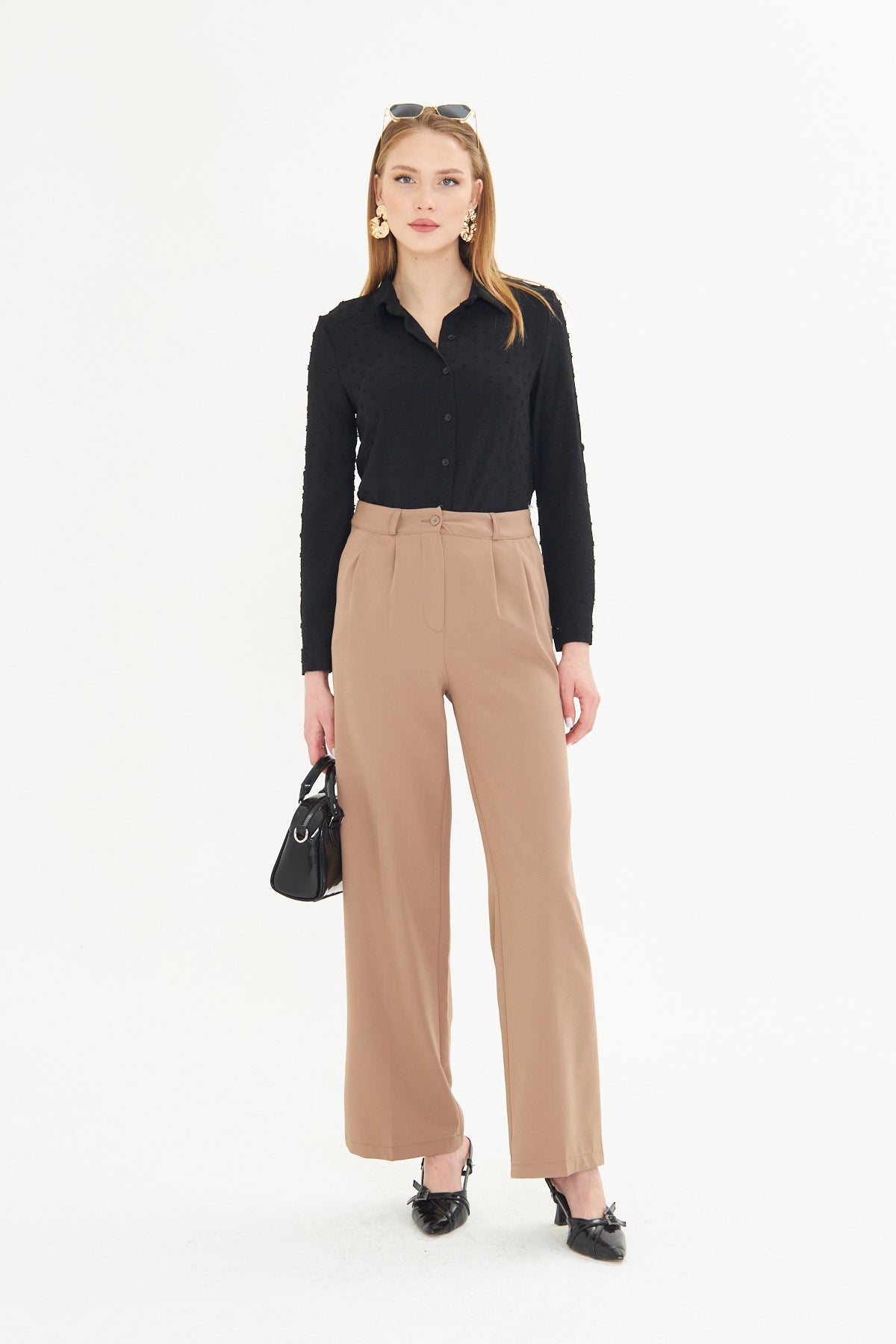 High Waist Wide - Leg Trousers - Tan