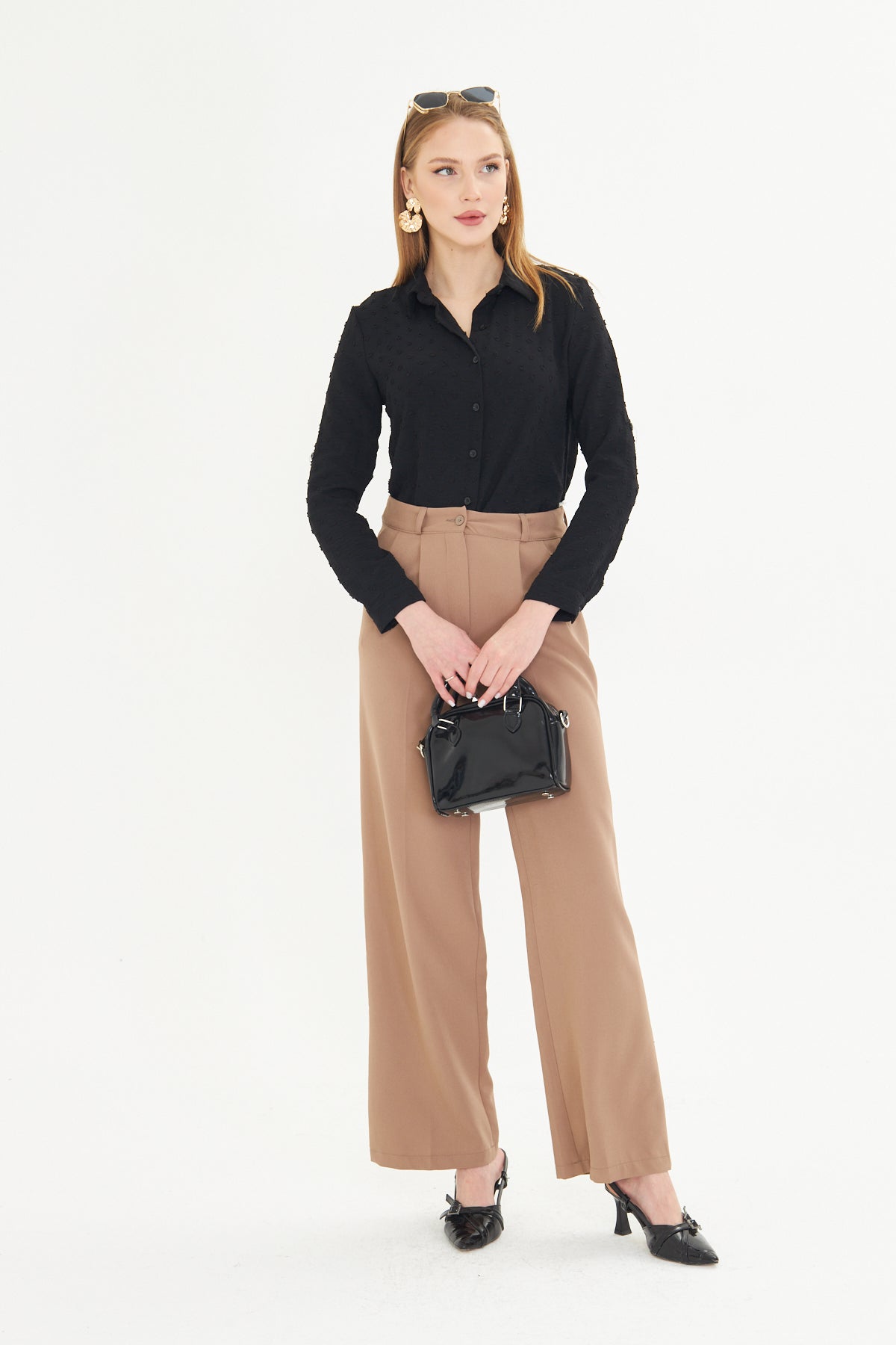 High Waist Wide - Leg Trousers - Tan