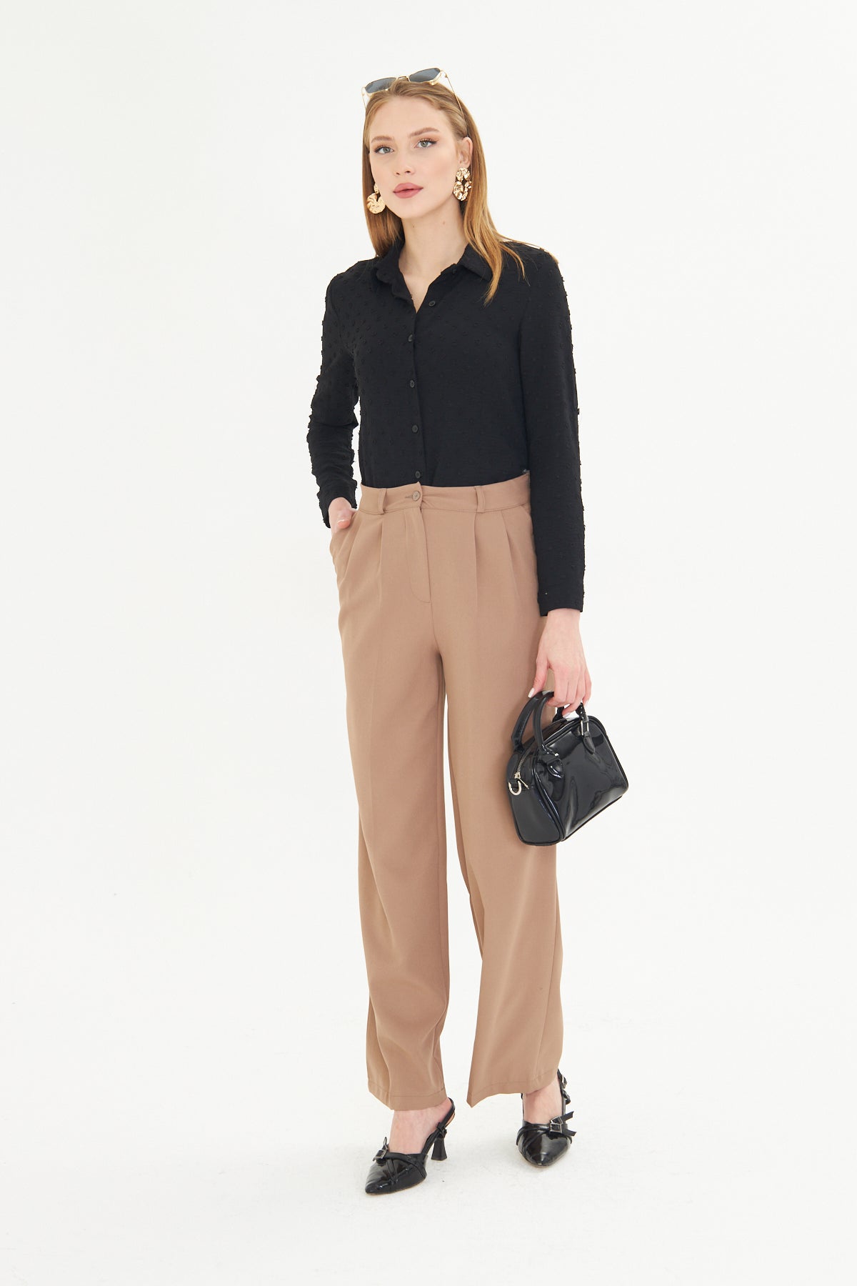 High Waist Wide - Leg Trousers - Tan