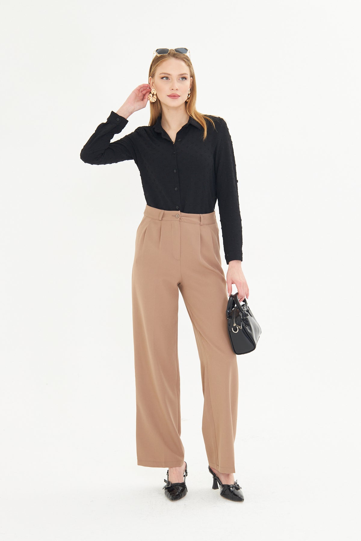 High Waist Wide - Leg Trousers - Tan
