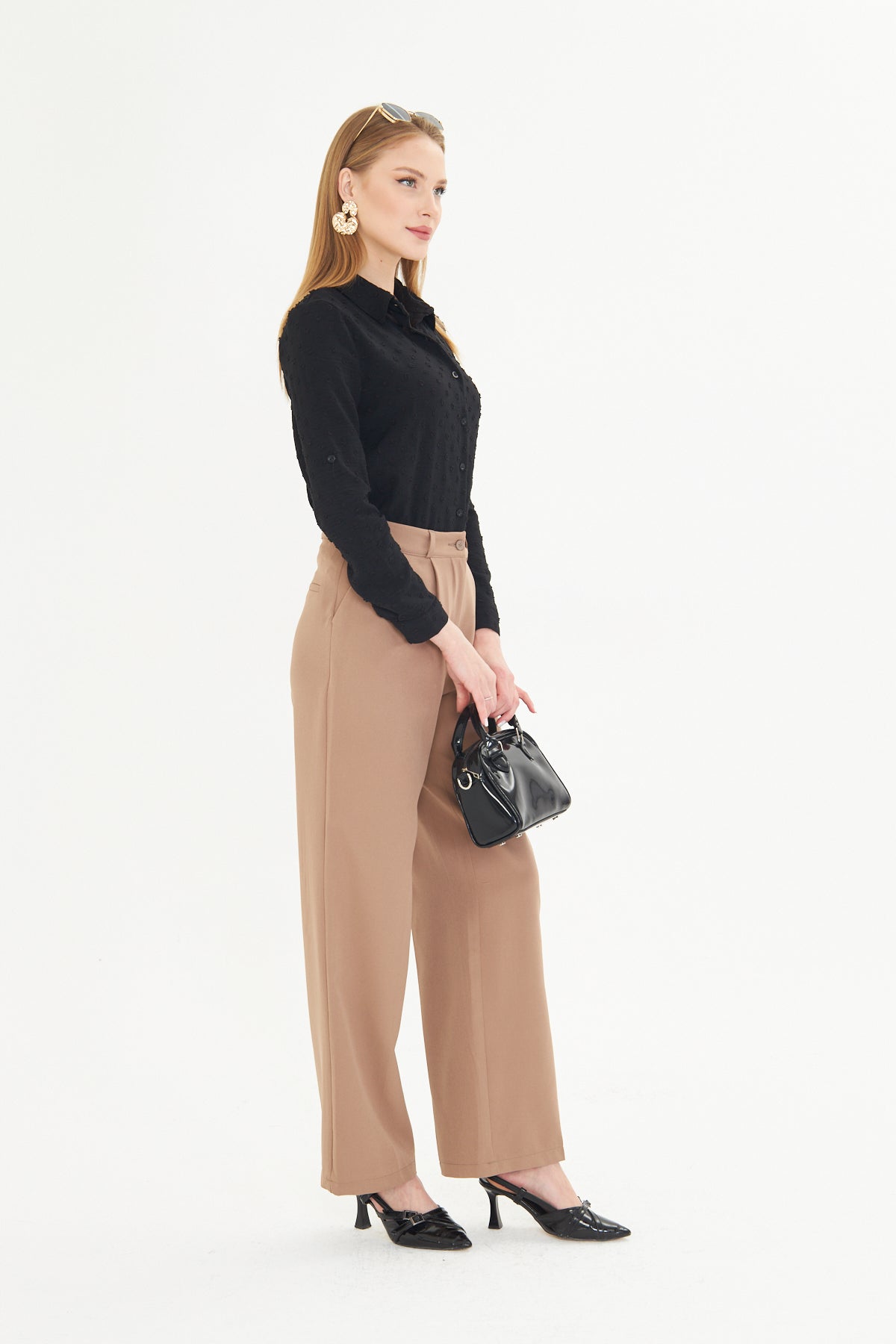 High Waist Wide - Leg Trousers - Tan