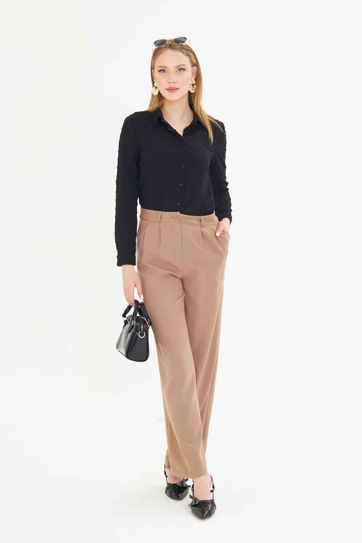 High Waist Wide - Leg Trousers - Tan