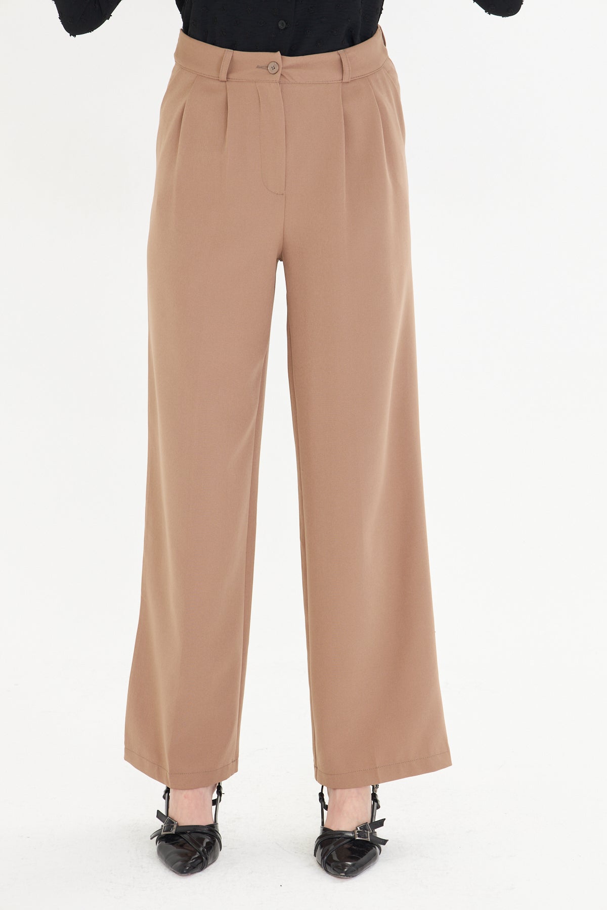 High Waist Wide - Leg Trousers - Tan