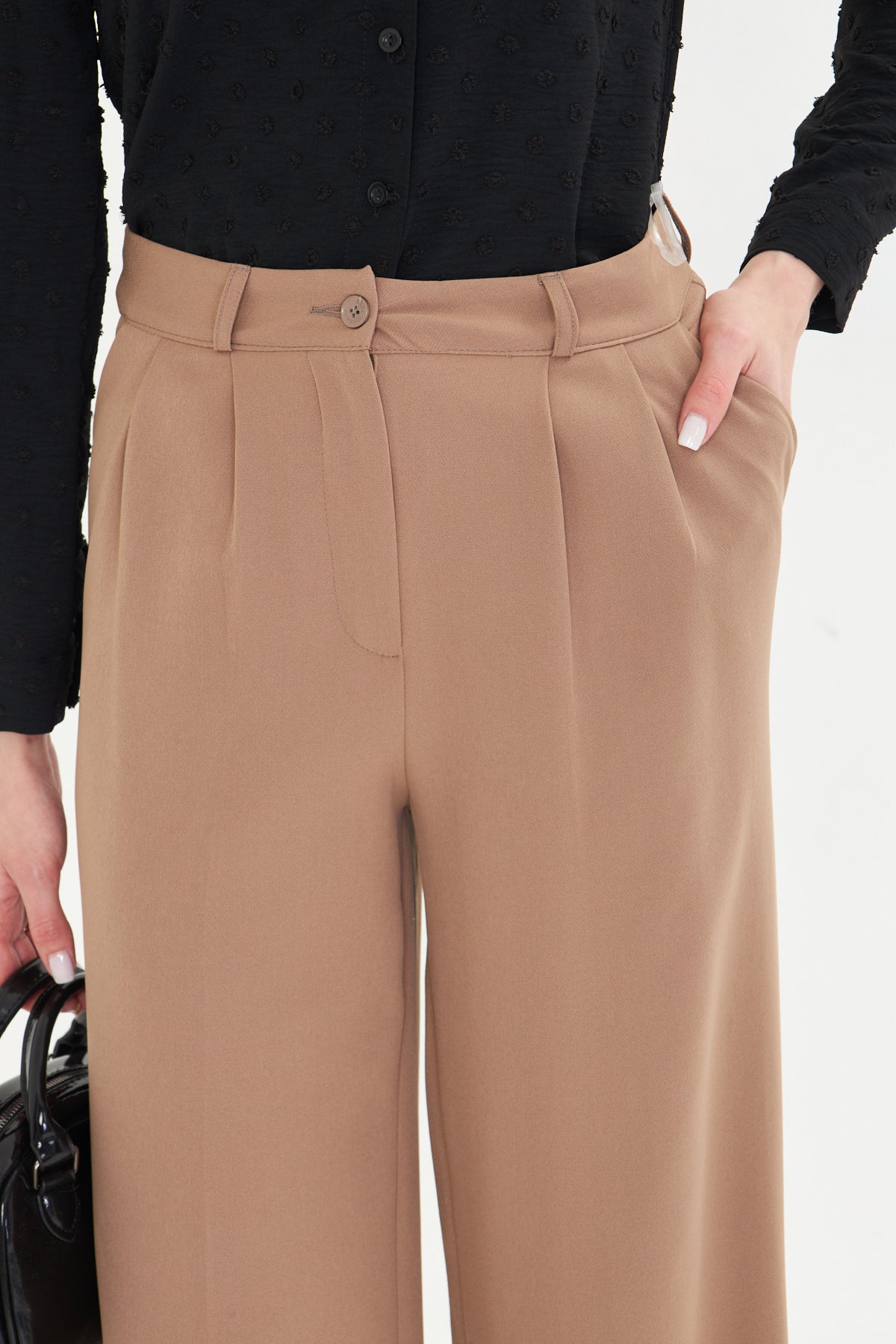 High Waist Wide - Leg Trousers - Tan