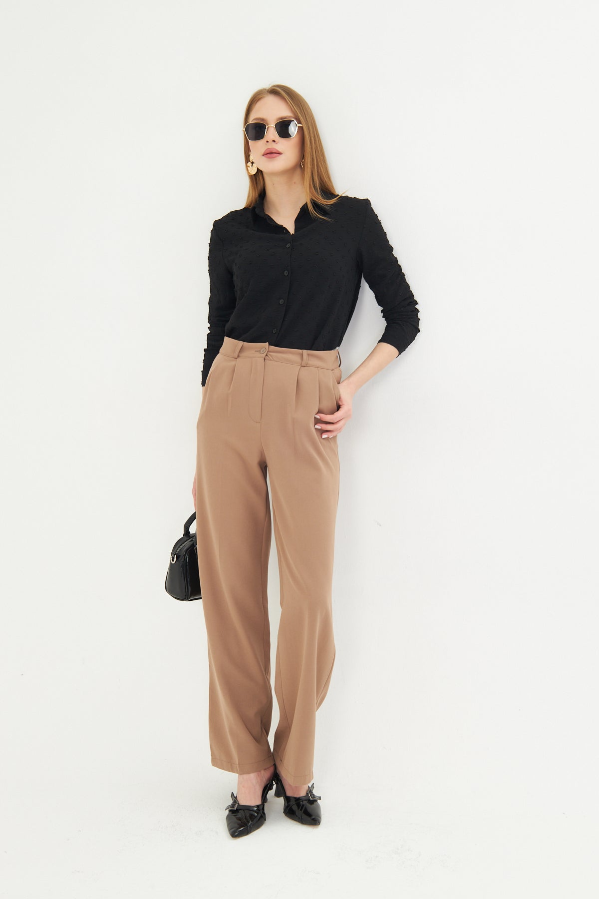 High Waist Wide - Leg Trousers - Tan
