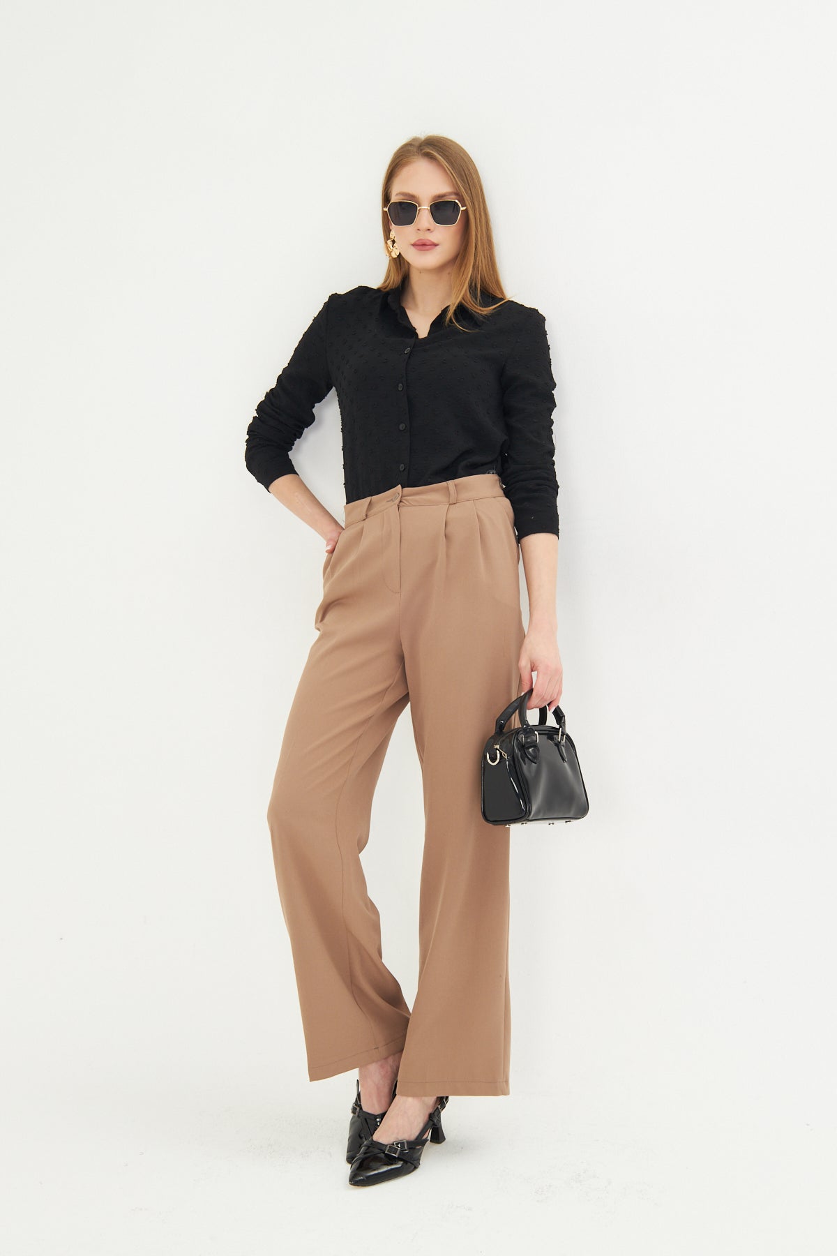 High Waist Wide - Leg Trousers - Tan